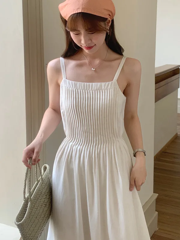 Vestido de Alças F Estilo Novo de Verão com Design de Saia Longa em Cor Pura e Aodão Puro Sem Mangas