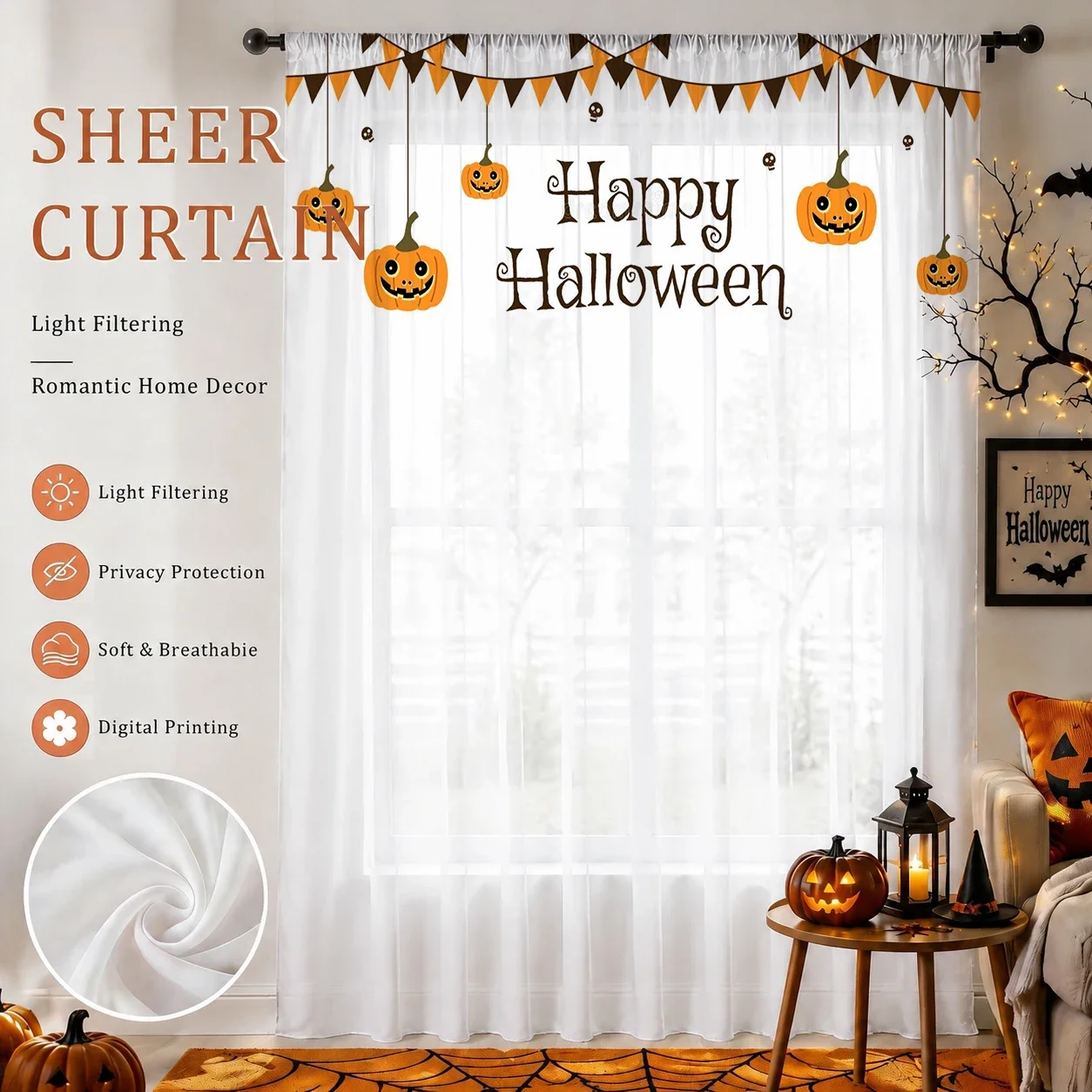 Halloween Festival Sheer Curtain, Good Quality Light Reducing Privacy Voile For Living/Bedroom/Kids Room,Halloween Festival Gift