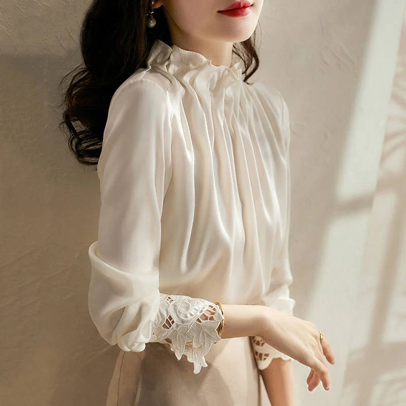 Elegant Fashion Stand Collar Chiffon Shirt Spring 2024 New Long sleeved Office Lady Blouse Patchwork Lace Tops