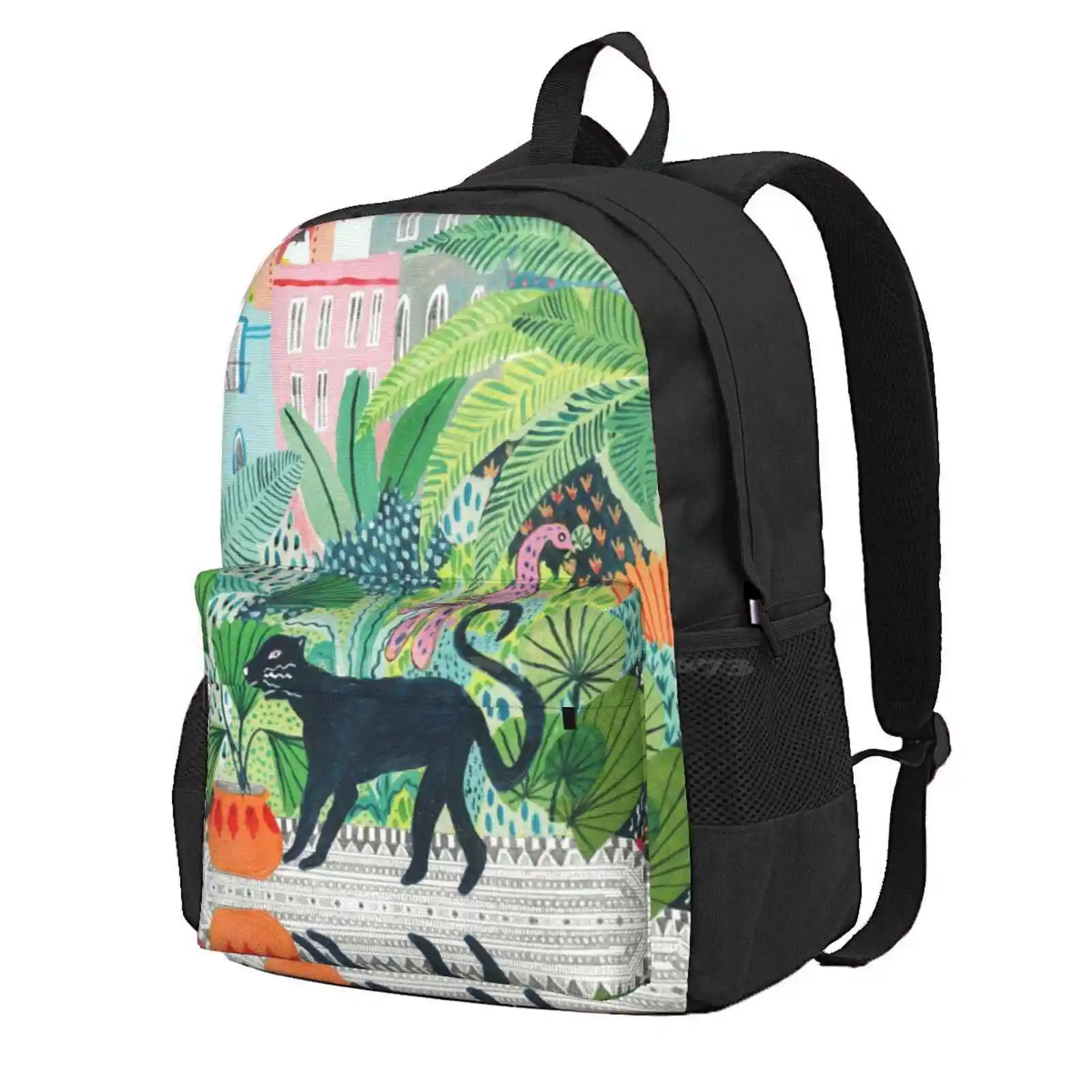 Jungle Panther Hot Sale Schoolbag Backpack Fashion Bags Jungle Botanical Tropical Rainforest Boho Bohemian Cat Mitty Panther