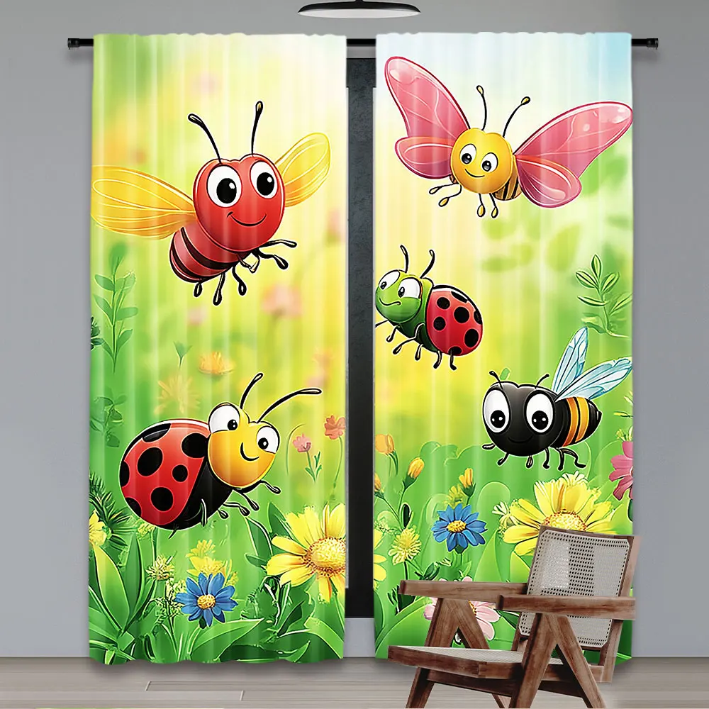 2Pcs Garden Curtain Gardening Theme Of Butterfly Ladybug Worm Flowers And Grass For Bedroom Living Room And Dining Room