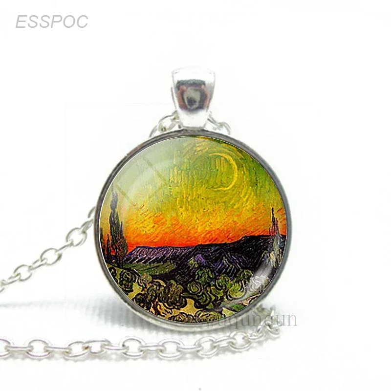 Van Gogh Starry Night Sky Necklace Art Glass Dome Jewelry Monet Klimt\'s Paintings Pendant Fashion Women Lover Gift Dropshipping