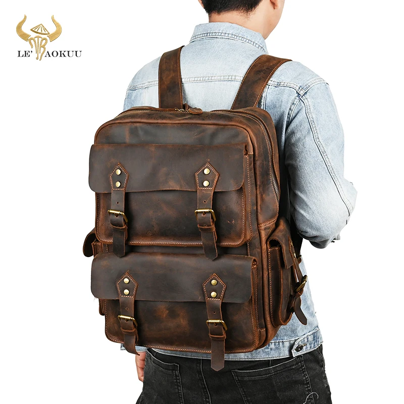 

Men Quality Crazy Horse Leather Vintage Travel University College School Book Bag Designer Male Backpack Daypack Laptop Bag 1965