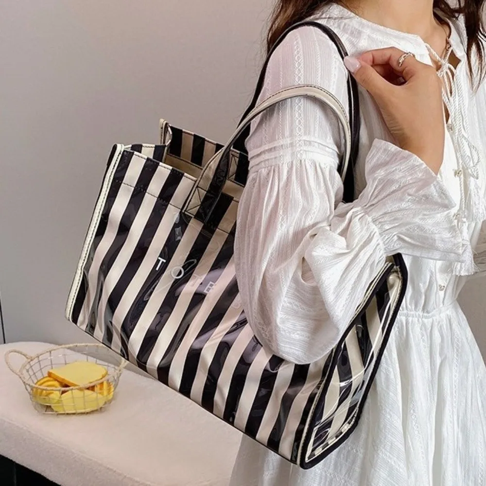

Waterproof Vertical Striped Tote Bag Large Capacity Lightweight Shopping Bag Soft-Touch Handle Inner Zipper Pocket Handbag Daily