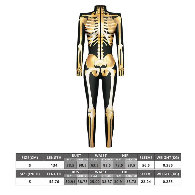 女性のためのスケルトンスーツ,長袖,ゴールドカラー,ジッパー付き,スカルスーツ,長袖,ホームパーティーのための衣装