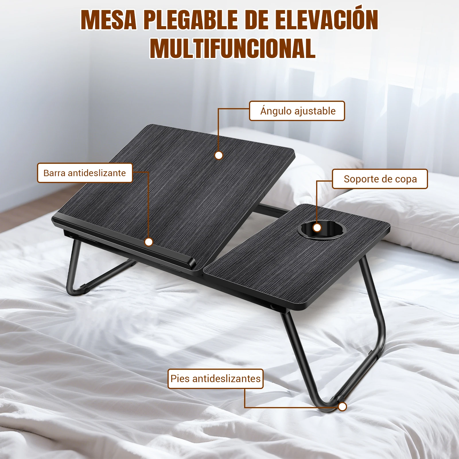 Mesa plegable para portátil con soporte para tazas, mesa portátil para cama para leer, comer y trabajar, soporte plegable para portátil.