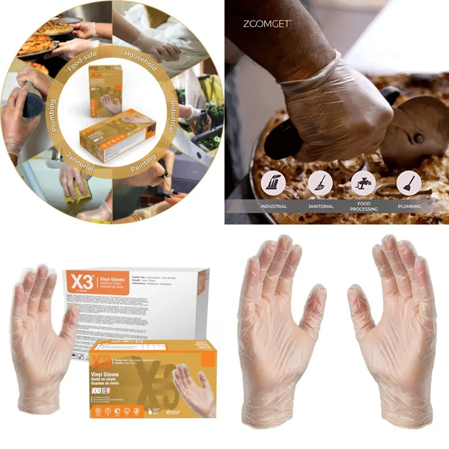 

X3 Clear Vinyl Disposable Industrial Gloves, 3 Mil, Latex Powder-Free, Food-Safe, Non-Sterile, Smooth