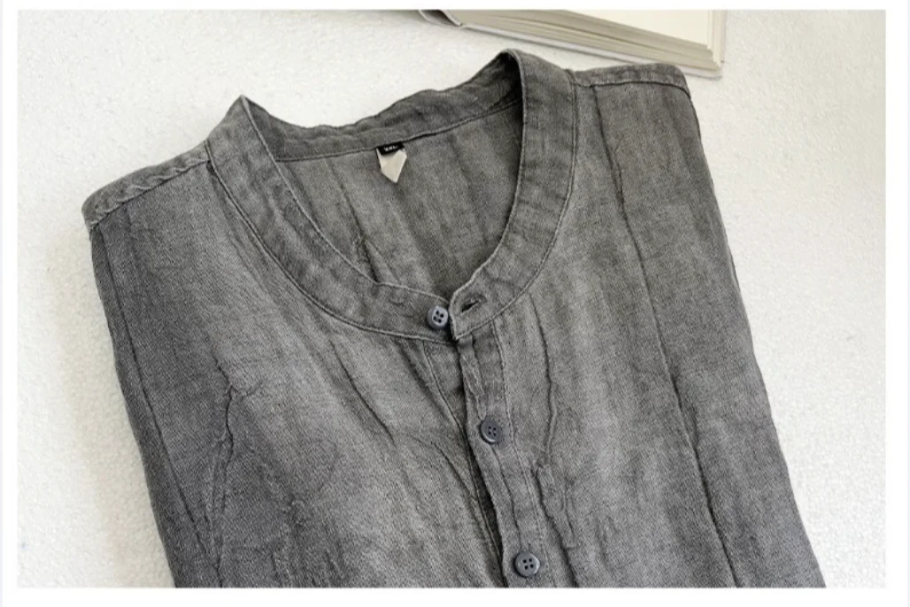Blouse men 2026 casual New summer solid-color cotton linen short-sleeved loose button v neck shirt men's clothing
