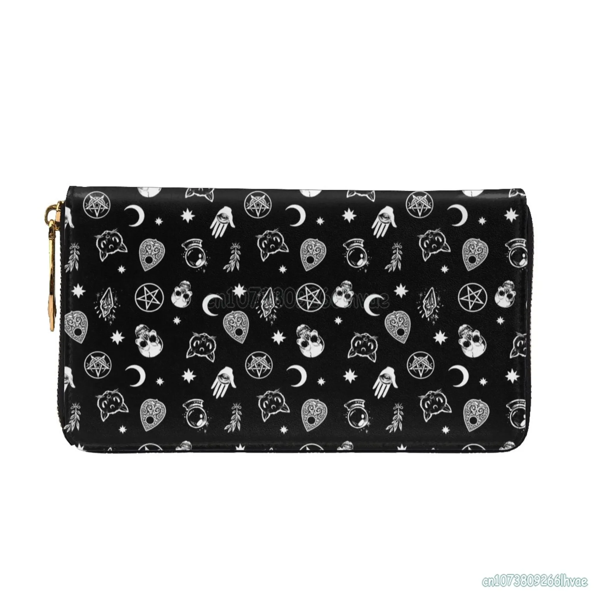 Women's Skull Cat Moon Goth Wallet Faux Leather Long Wallet Coin Purse Card Holder with Zip