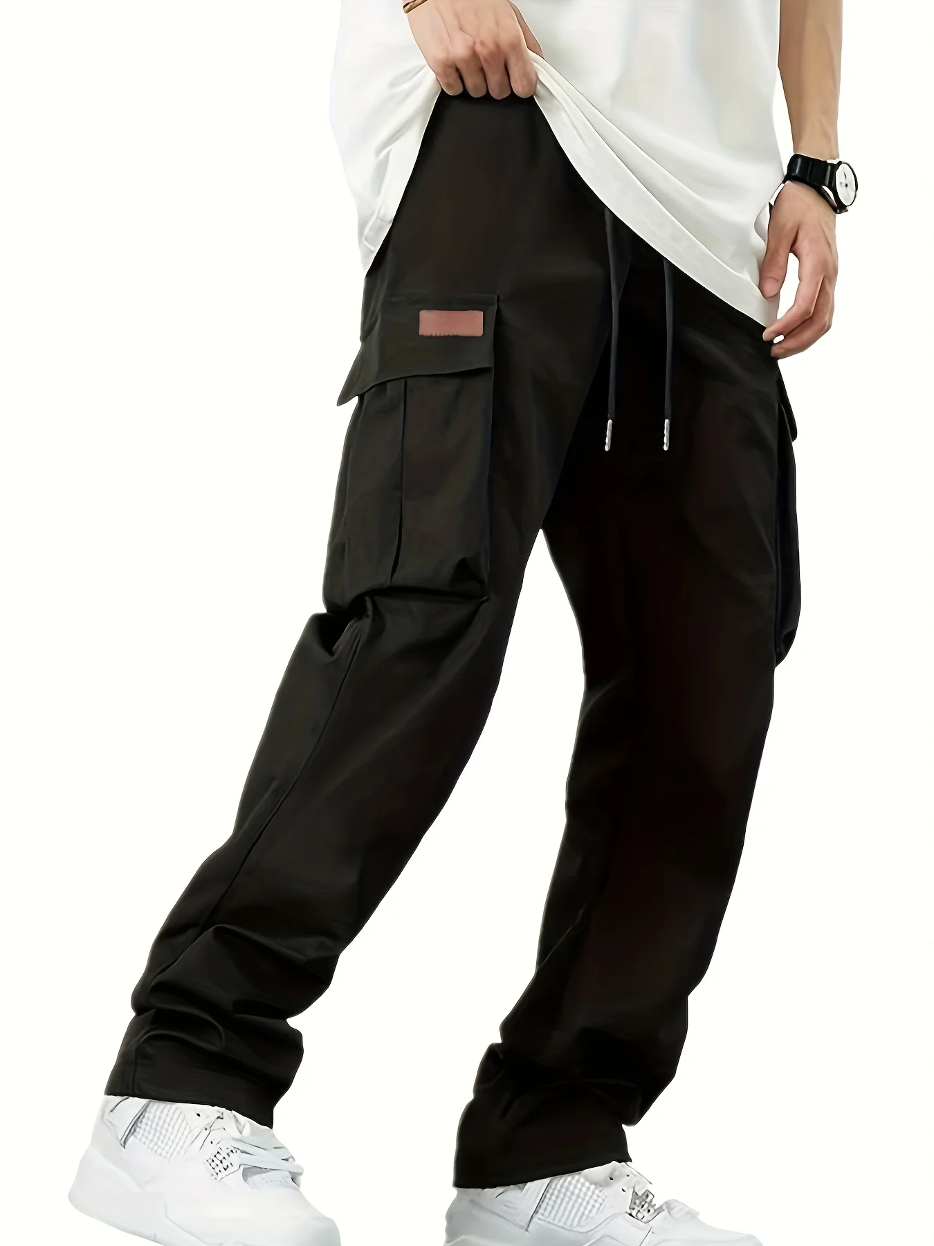 

Large European size new men's casual pants solid color drawstring waist straight leg casual work pants with pockets