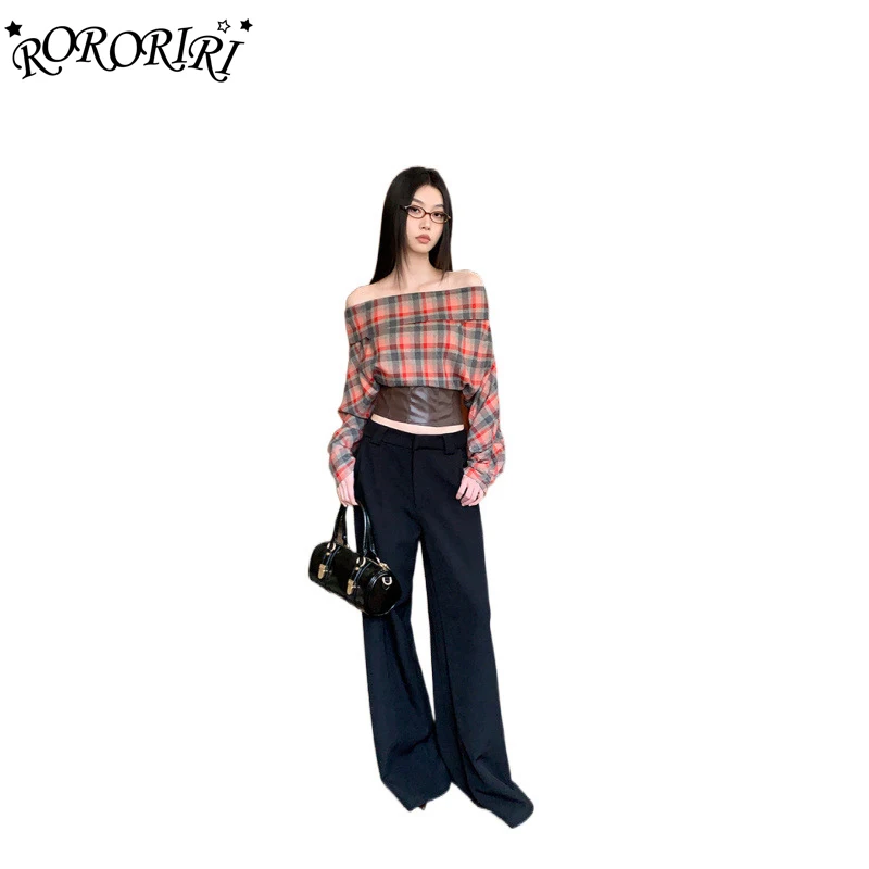 

RORORIRI клетчатая блузка с открытыми плечами и кожаными акцентами, облегающий укороченный топ с длинными рукавами для женщин, короткие топы, модная осень