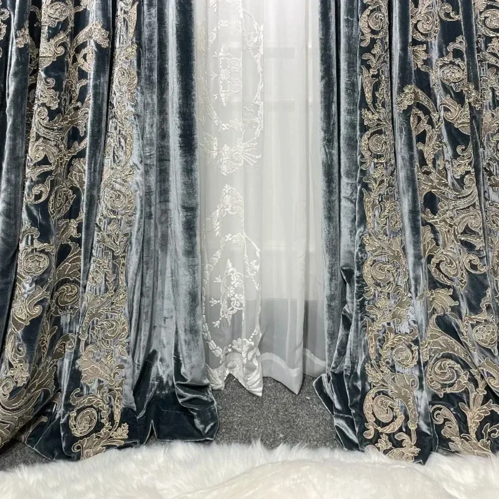 Living room, bedroom, French window, black and grey gilded embroidered velvet curtains