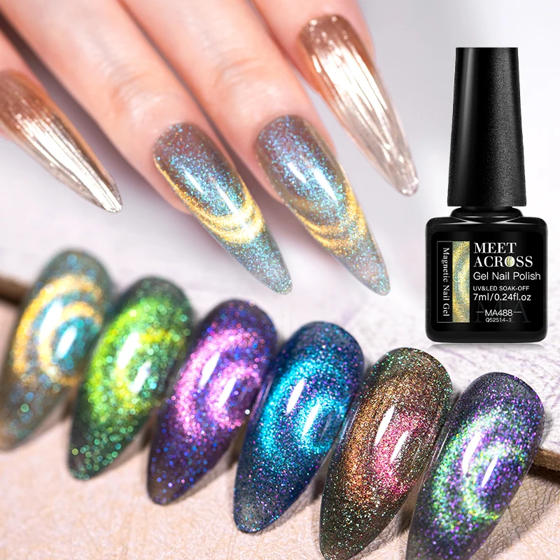 MEET ACROSS 7ml Coral Magnetic Gel Nail Polish Glitter Shiny Sparkly Magnetic UV Gel LED Nail Art Varnish Manicure For Nails