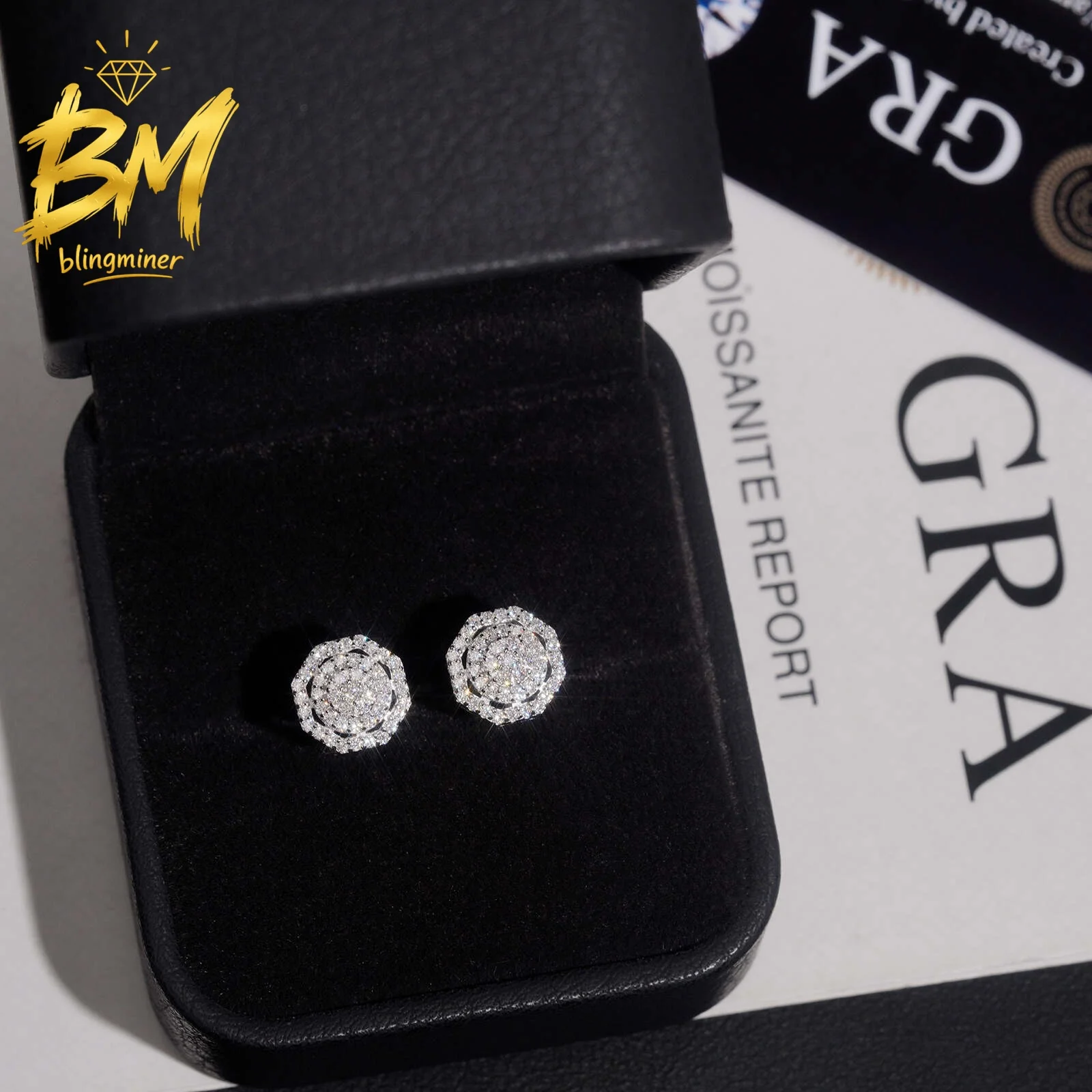 Blingminer Hip Hop Sparkly VVS Moissanite Earrings For Men Women S925 Silver Ear Studs Jewelry Pass Diamonds Tester Free Shippin