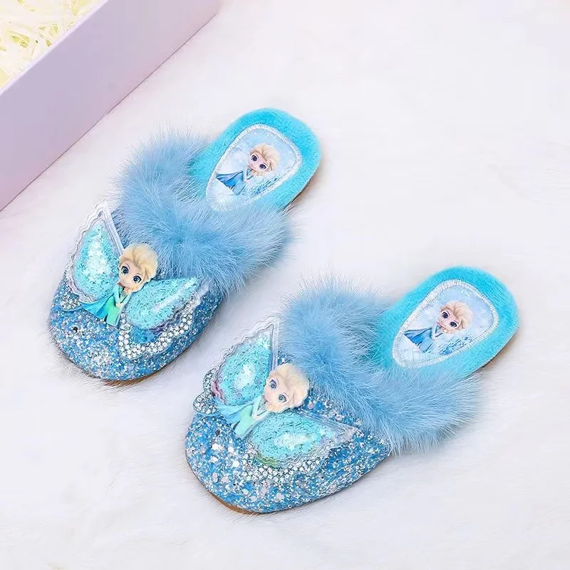 Disney Girls Cotton Slippers Princess Cartoon Frozen Elsa Print Children Lovely Soft Warm Flat Kids Indoor Home Bedroom Shoes