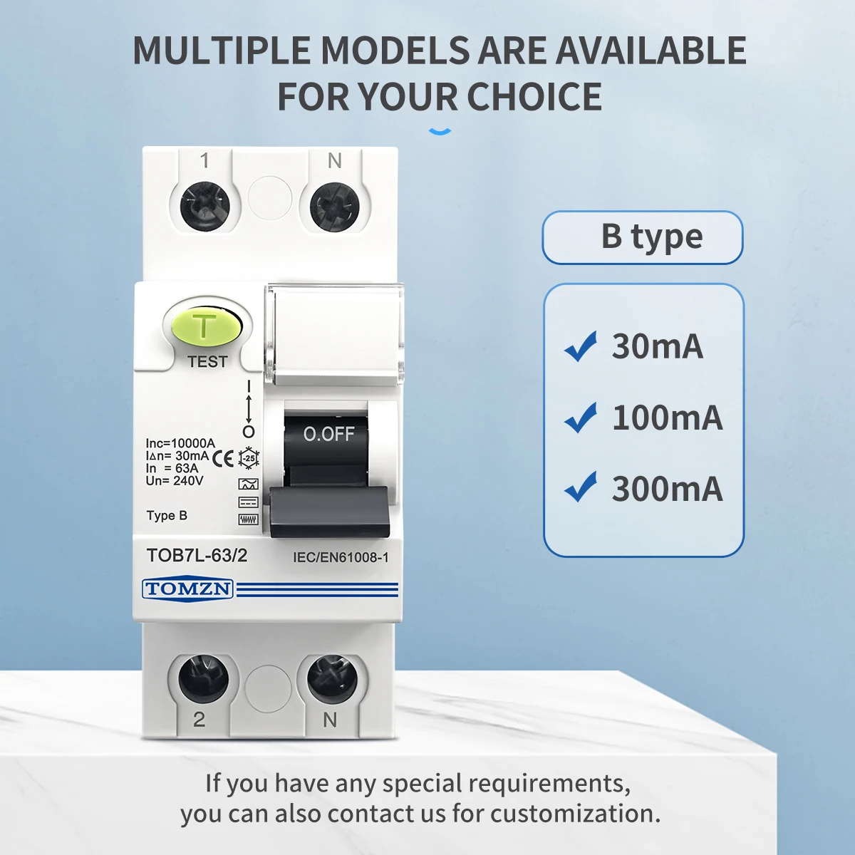TOMZN Office Electromagnetic Residual Current Circuit Breaker B Type 2P 63A 30mA 100mA 300mA RCCB DIN Rail TOB7L Single Phase