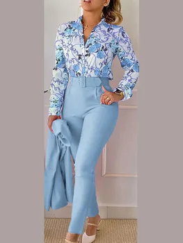 Camisa de manga comprida impressa feminina terno primavera verão magro cintura alta rendas até elegante feminino escritório lápis calças conjunto de duas peças