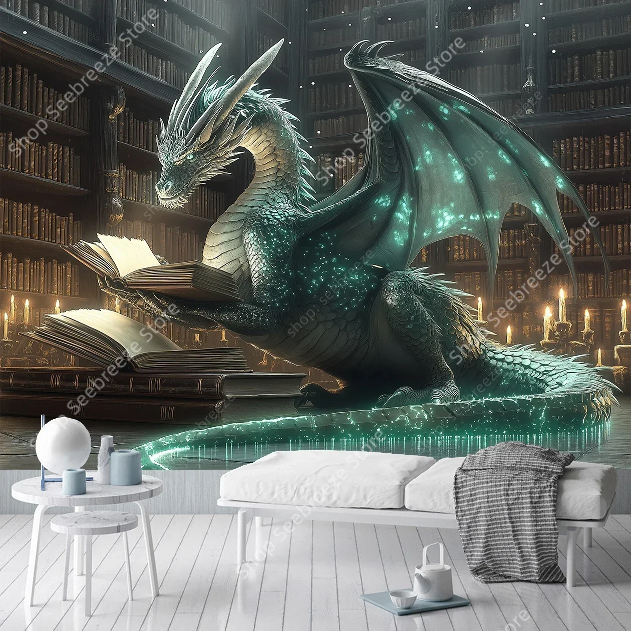 Tapisserie de bibliothèque de Dragon émeraude enchantée, échelles lumineuses, sagesse fantastique, décoration murale pour la maison et le bureau, pour les amateurs de livres de mythologie