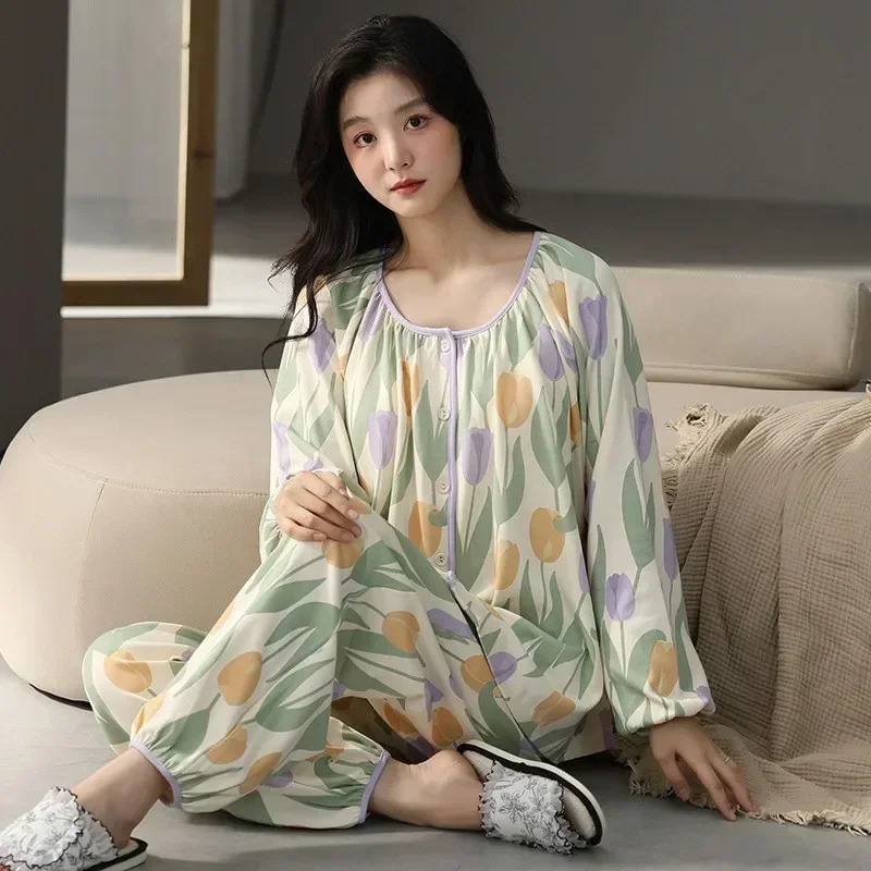 Cotton Long Sleeve Pants Floral Print Woman Satin Pajama Sets Ensembles 2 Piece Lady Outfit Lounge Women Pijama Sleepwear Pj