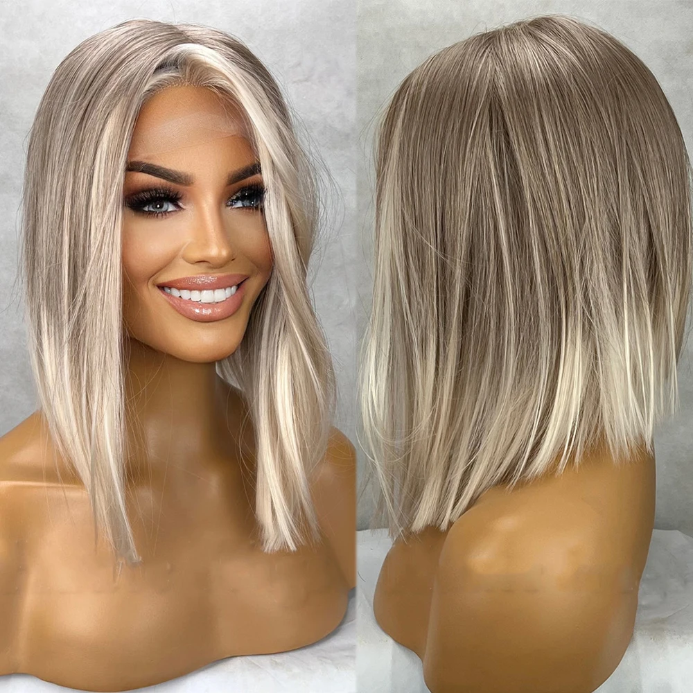 Glueless Wigs Ash Blonde Highlights Lace Front Wig Silky Straight Bob Wig Ombre Dark Roots HD Lace Japanese Synthetic Fiber