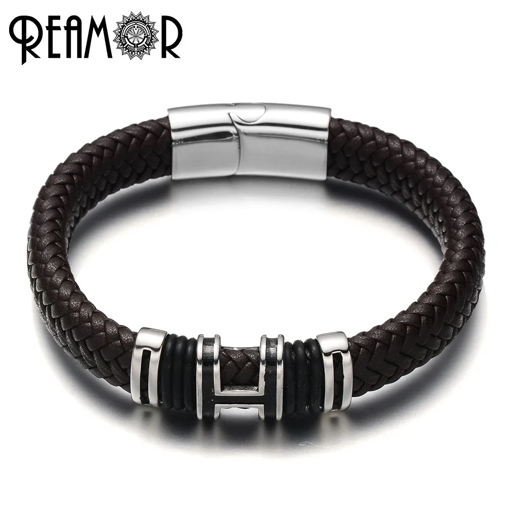 

REAMOR из нержавеющей стали 316L с буквой H, мужской браслет с подвесками, широкий плетеный кожаный браслет с магнитными застежками, модные ювелирные изделия