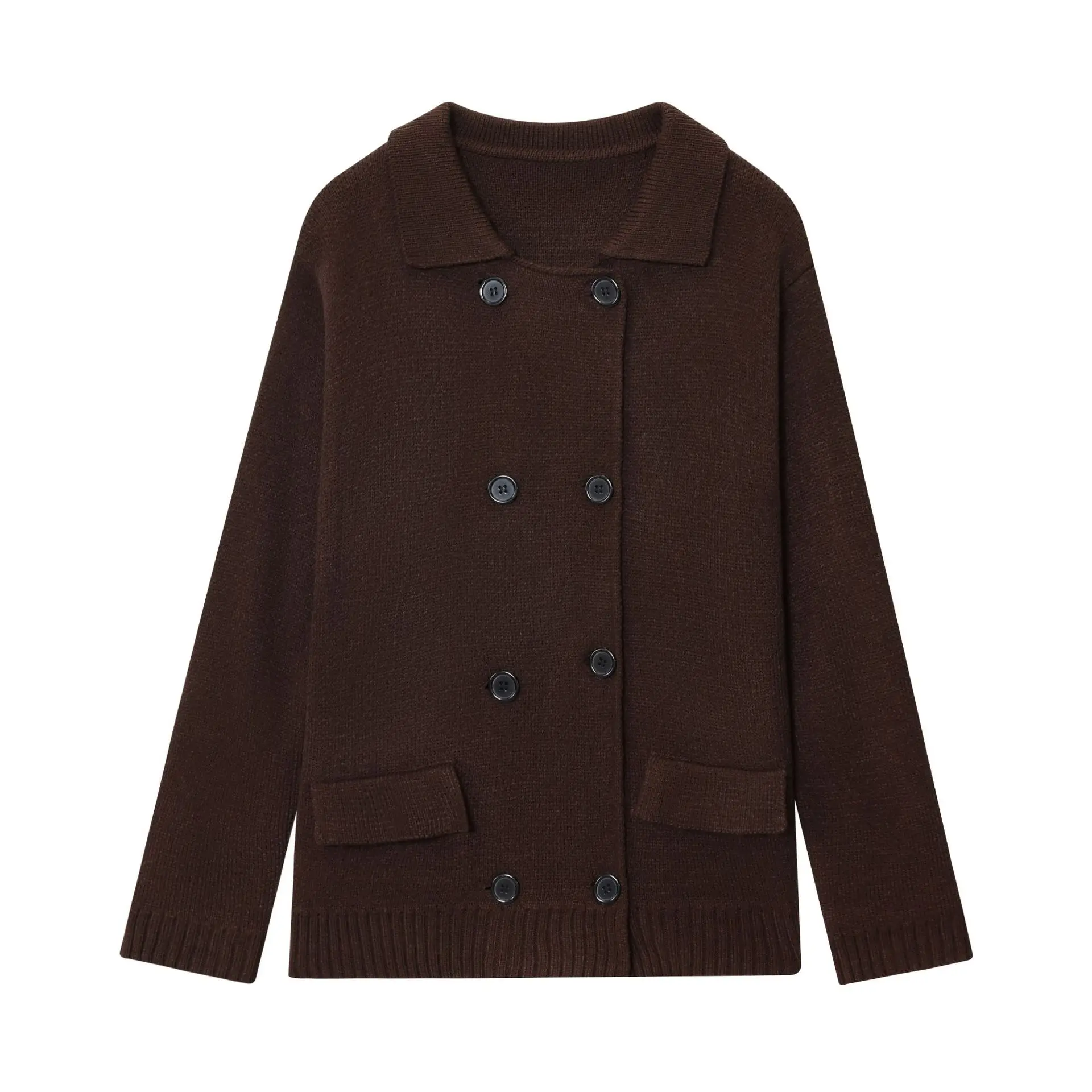 

ZBZA Woman's Slim Fit Knitted Cardigan Lapel Double-breasted Long-sleeved Solid Color Simple Outfit Early Autumn Female Chic Top