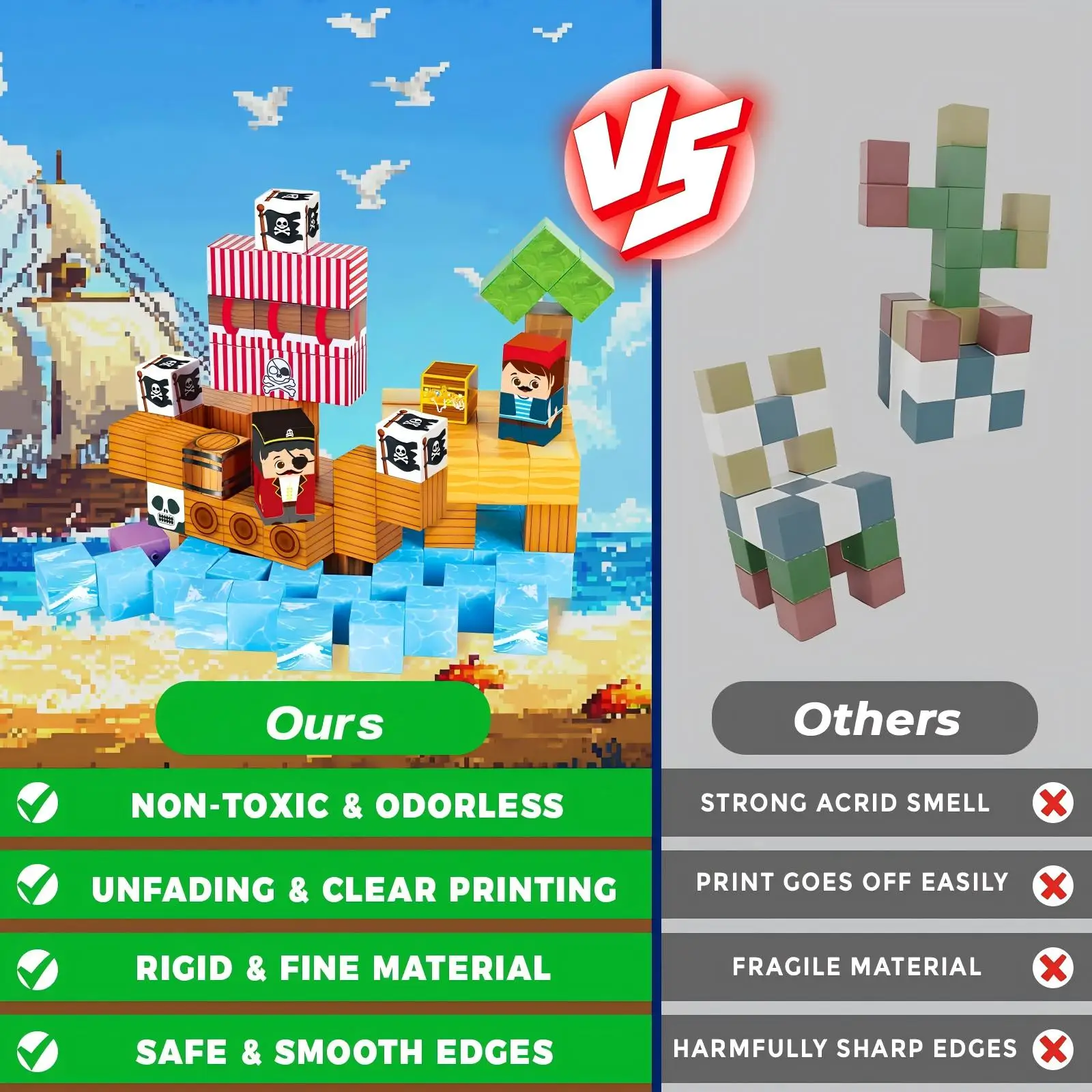 Blocos magnéticos construir navio pirata conjunto mundial, cubo de construção magnético empilhamento haste montessori brinquedos sensoriais para crianças meninos meninas