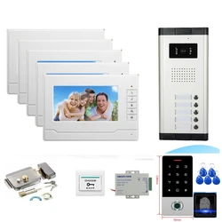 2/3/4/5 Apartments Intercom Video Doorbell with fingerprint password Card Unlock 7inch 4 Wired Video Door Phone System