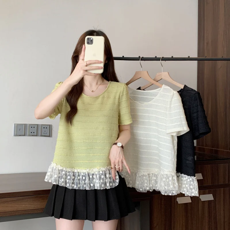 

Summer New Plus Size Women's Fashionable Design Lace Trim Loose Short Sleeve T-Shirt