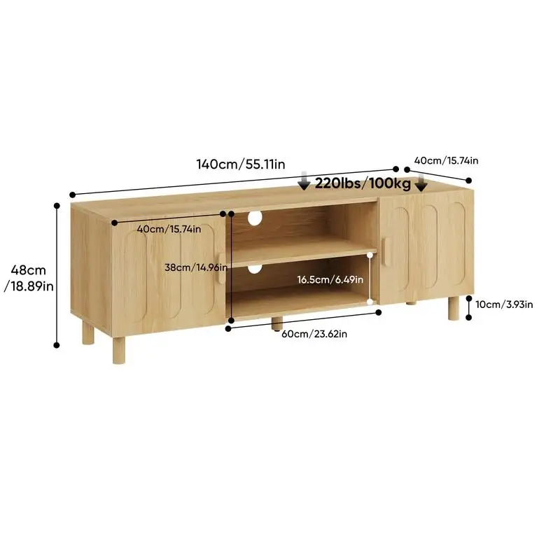 Mueble para TV Moderno de Mediados de Siglo de 140 cm con Almacenamiento, Consola Multimedia con Acabado en Roble para TV de 55 a 65 Pulgadas, Mueble para Sala de Estar y Dormitorio