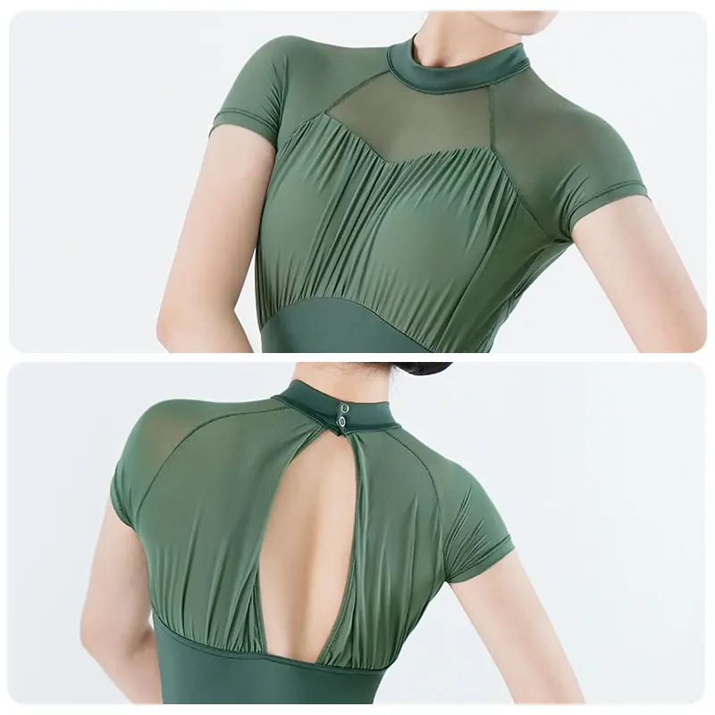 Ba Lê Leotards Người Phụ Nữ Cổ Đứng Vũ Leotards Nylon Chia Ba Lê Bodysuit Tay Ngắn Thể Dục Dụng Cụ Leotard