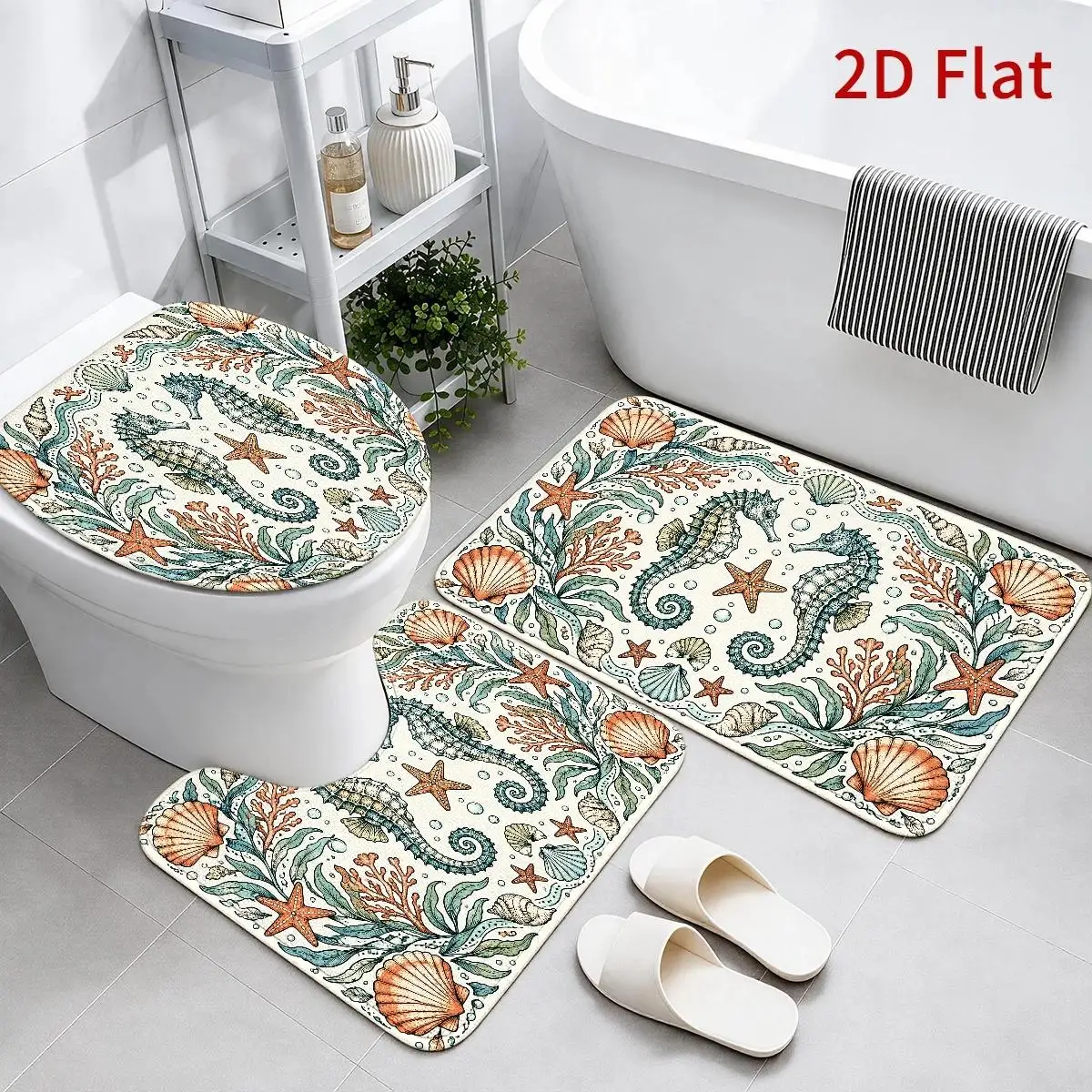 Tropical Sea Life Bathroom Mat Set 3 Piece Bath Rugs for Toilet and Tub Coastal Decor