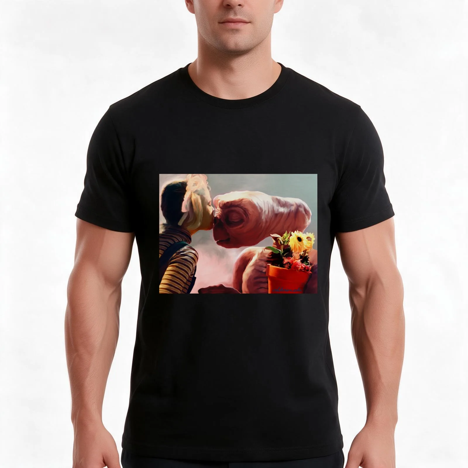 E.T. Painting T-Shirt, Summer Casual Cotton Tee, Oversized Streetwear Tops, Vintage Graphic Print, Loose Fit Short Sleeve