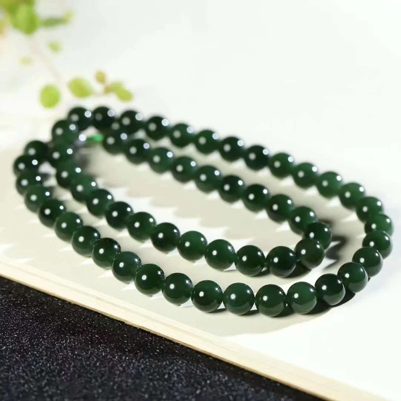 

Natural Hotan , Russian , Old Material, Spinach Green Jade Bead Necklace