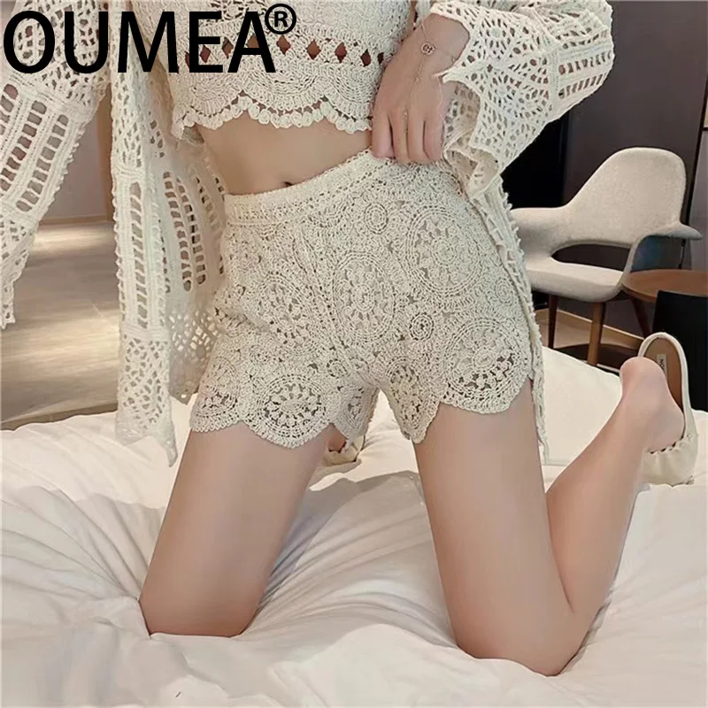 OUMEA Women Cotton Crochet Shorts Summer Beach Circle Pattern Lace Shorts Elasticated Waist Scalloped Edge Chic Casual Shorts