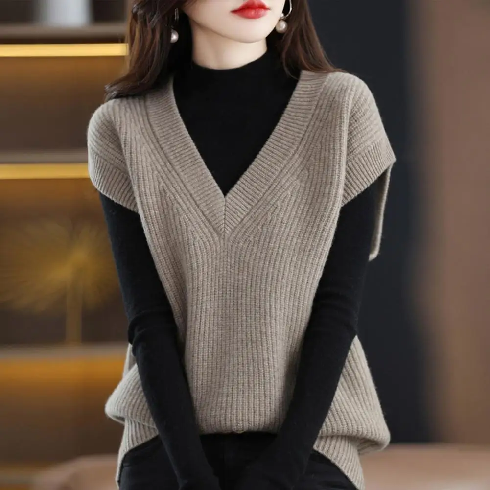 Women Vest Cozy V Neck Knitwear Vest For Women Solid Color Pullover Sweater Fall Winter Elastic Warmth Fashion Solid Color