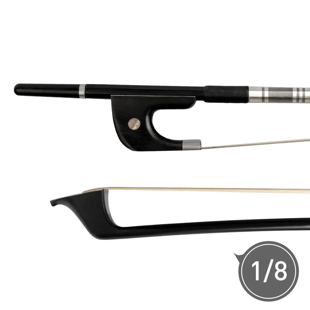 

German Style Double Bass Bow 1/8 Size Smooth Carbon Fiber Stick Premium Polished Ebony Frog Parisian Eye Inlay Fast Response