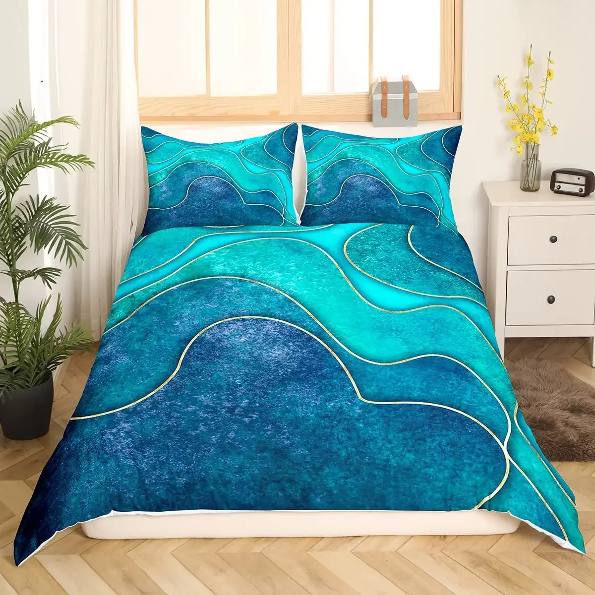 Abstract Sea Bed Set Marine Wave Duvet Cover, Bedding Set Twin Comforter Cover, Coastal Beach Theme Bed Cover 3pcs, Orange Teal