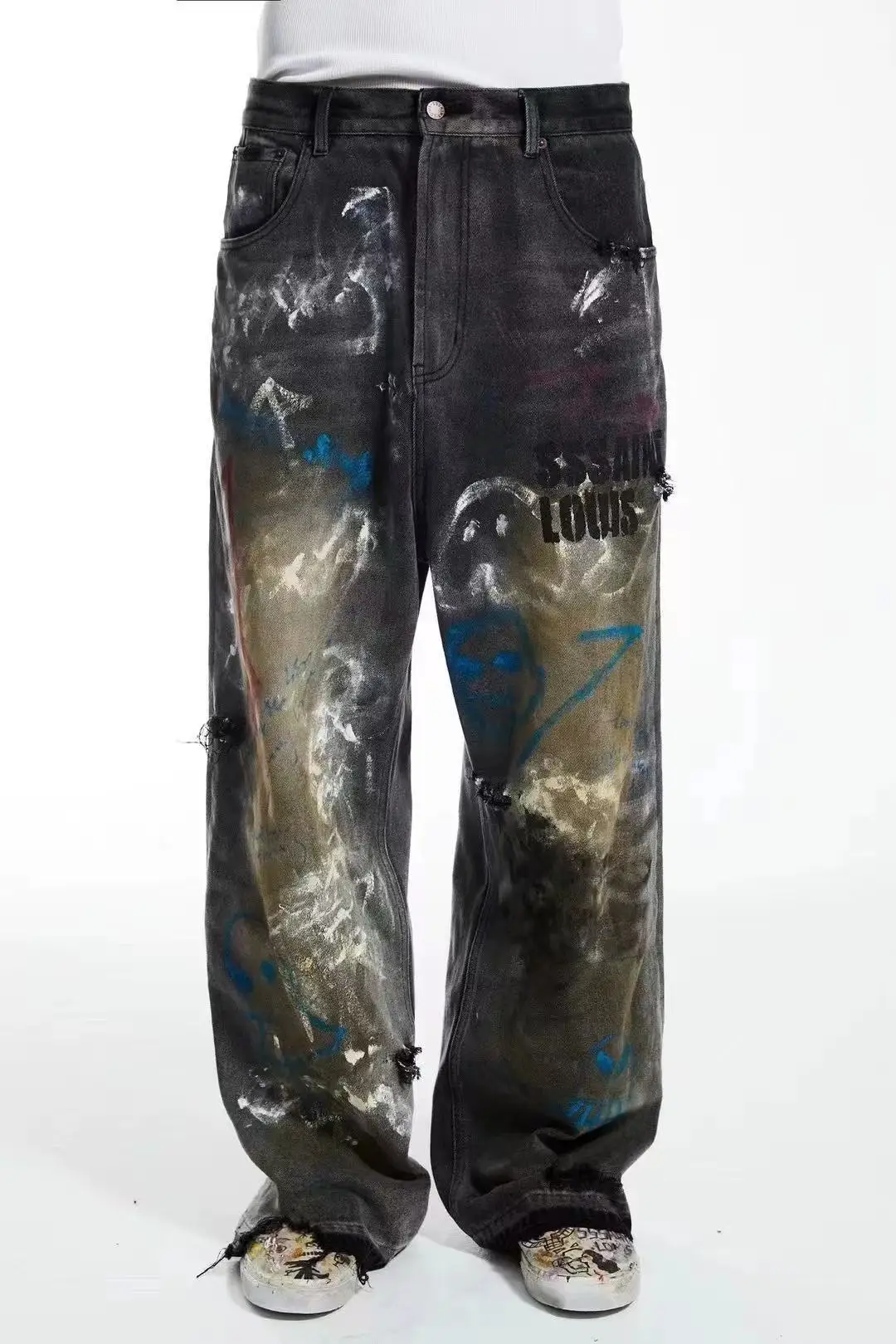 Jeans SSSAINT LOUIS de alta qualidade lavados e desgastados homens mulheres estilo graffiti vintage solto respingos jeans