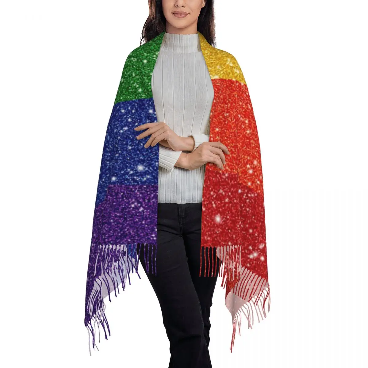 Faux Glitter LGBTQ Pride Rainbow Flag Background Scarf Tassel Scarves for Women Shawls and Wraps Long Fall Winter Shawl Wrap