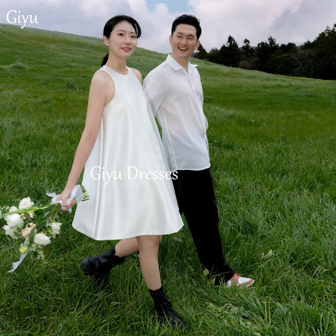 

Giyu Simple White Satin Wedding Dress Round Neck Knee Neck Zipper Back Korean Wedding Photography Bridal Dress Customized