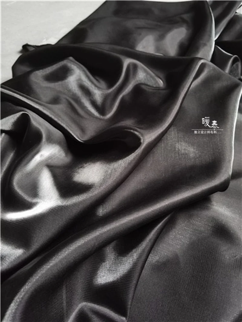 Liquid Reflective Silk Satin Fabric Shiny Black Metallic Luster Silkblend Organza DIY Decor Shirt Dress Clothes Designer Fabric