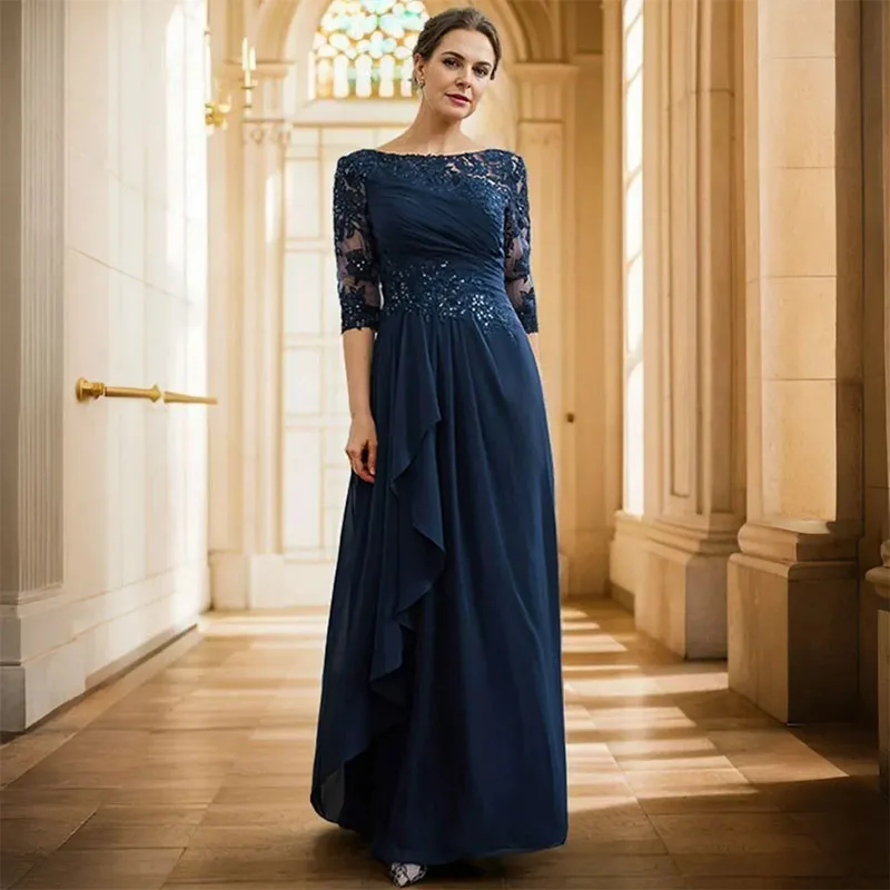 

Elegant Navy Blue Mother of the Bride Gowns Three-Quarter Sleeves Mother's Dress Lace Appliqued Wedding Party Dress