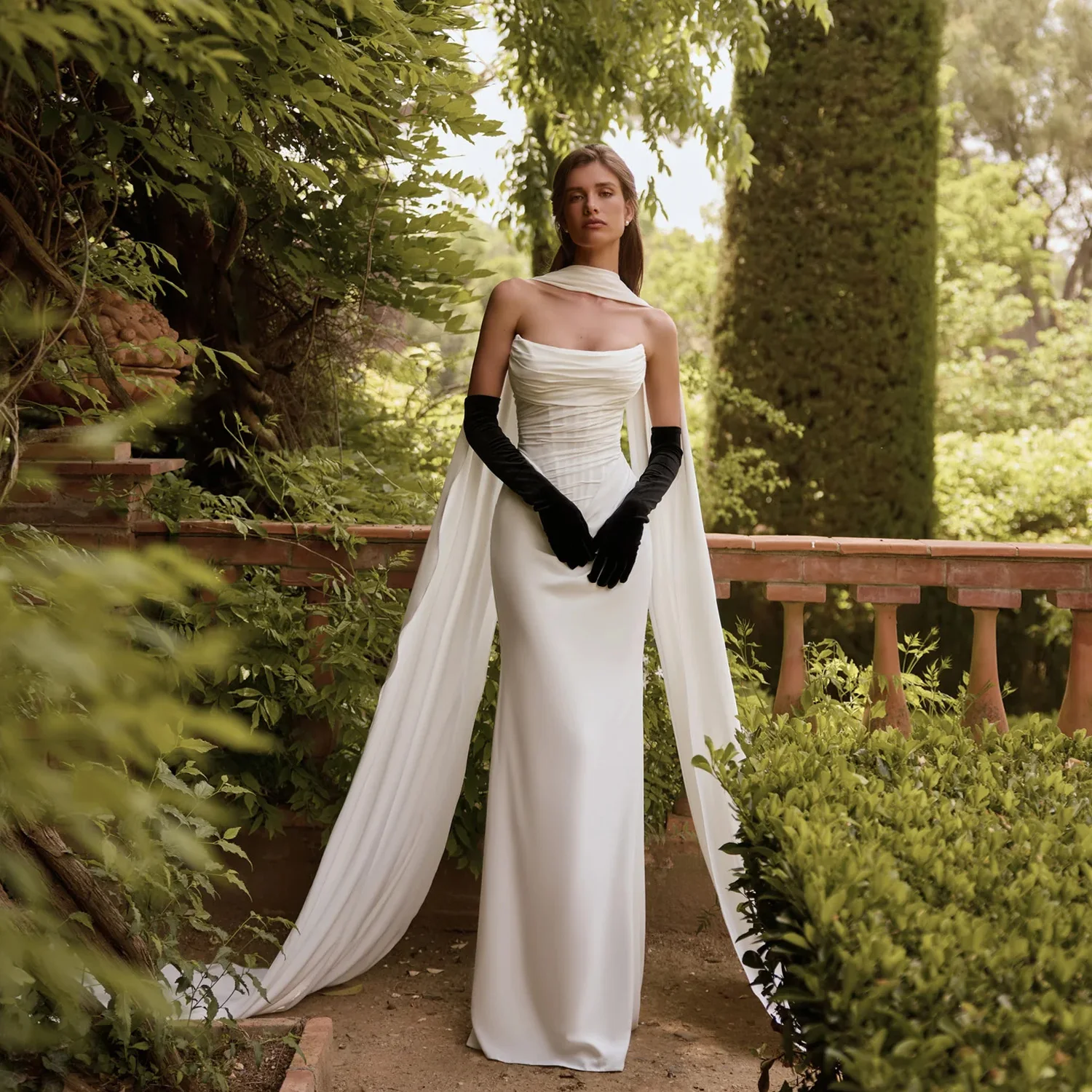White Mermaid Wedding Dresses Strapless Scarf Corset Back Satin Bridal Dress 2026 Boho Wedding Ball Prom Gowns Customized