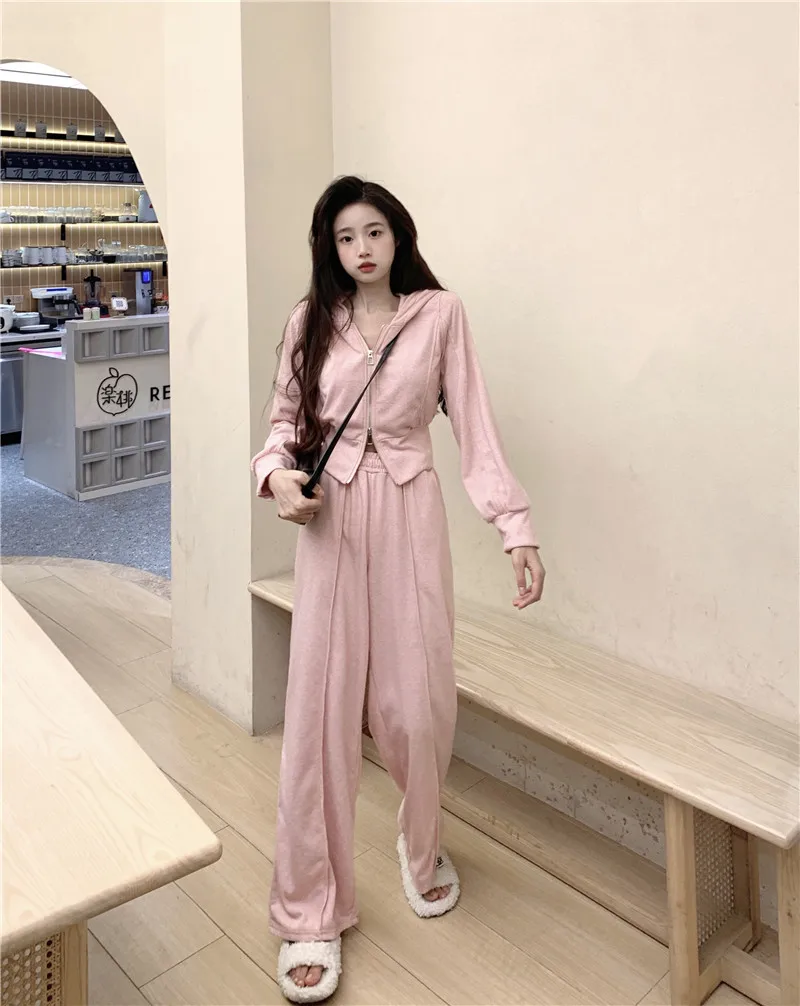 Women\'s Tracksuit Solid Hooded Long Sleeve Zip Jacket+Elastic Waist Straight Wide Leg Pants Two Pieces Female Casual Outfits Set