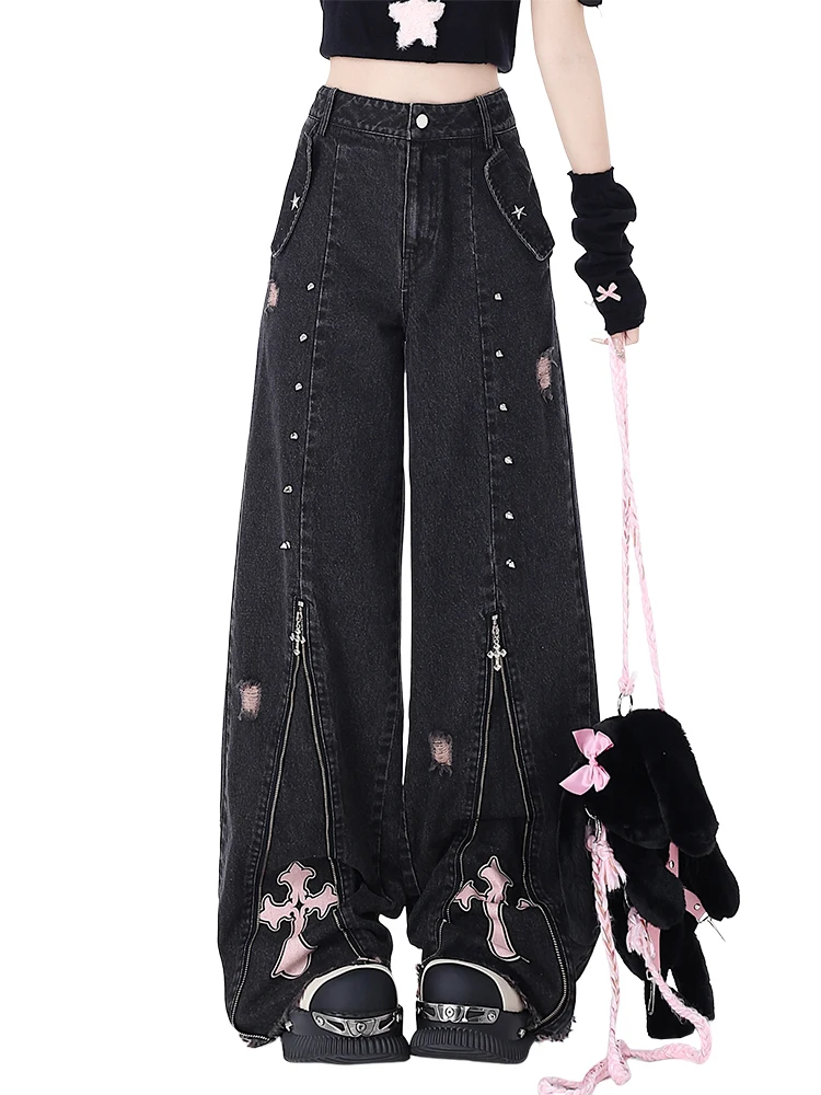 เสื้อผ้าผู้หญิง Black Gothic กางเกงยีนส์ 90s Aesthetic Y2k Oversize กางเกงยีนส์ Vintage Harajuku เกาหลี Emo 2000s ถังขยะ Jean กางเกง
