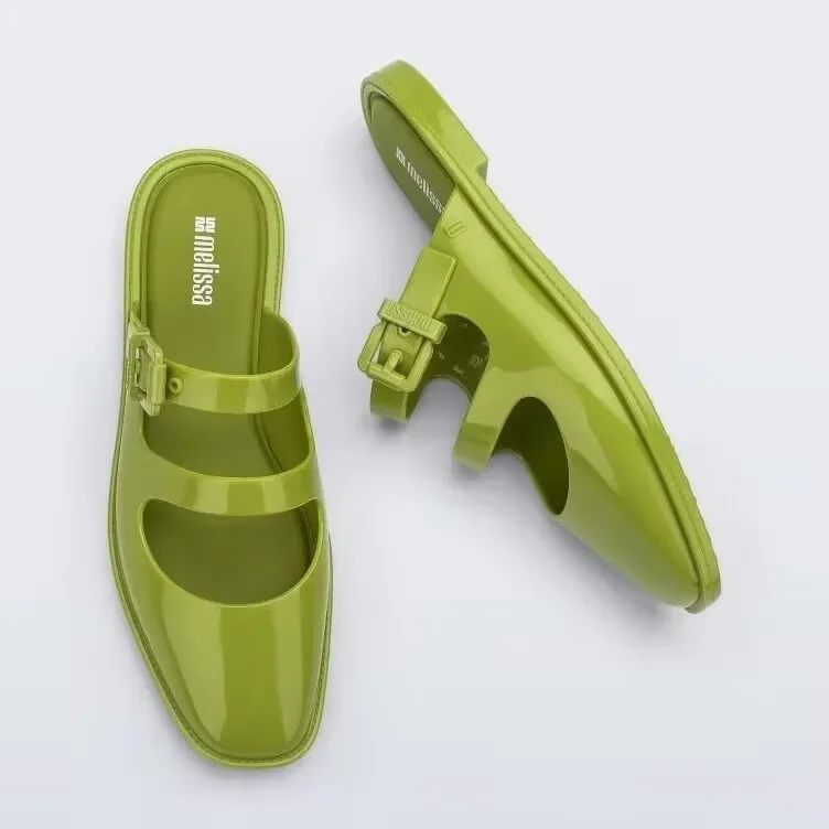 

Low-Heel Mary Janes Slippers Melissa Women's Flat Bottom Sandals Buckle Slip-On round Toe Summer Thong Shoes PVC Material