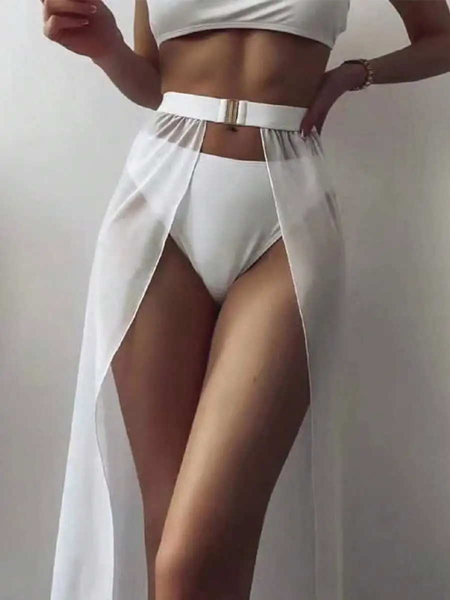 

Women Solid Color Mesh See Through Open Front High Waist Beach Sarong Cover Up