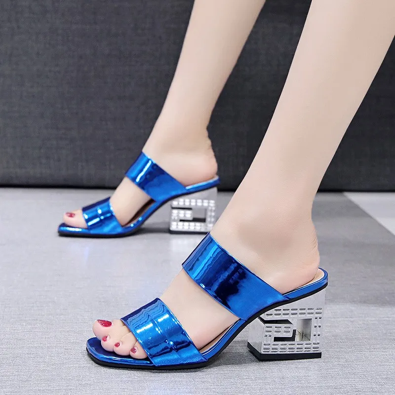 New Summer Block-heeled Sandals for Women Shiny Heeled Slippers Roman Semi-slippers women shoes