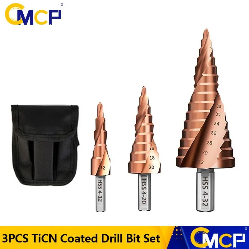 

CMCP 3pcs HSS Step Drill Bit Set 4-12mm 4-20mm 4-32mm TiCN Coated Core Drill Bit Wood Metal Hole Drilling